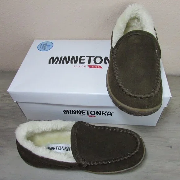 Minnetonka Women's 11 Tempe Fleece Lined Slipper Moccasin Loafer Chocolate 4011 - Picture 2 of 4